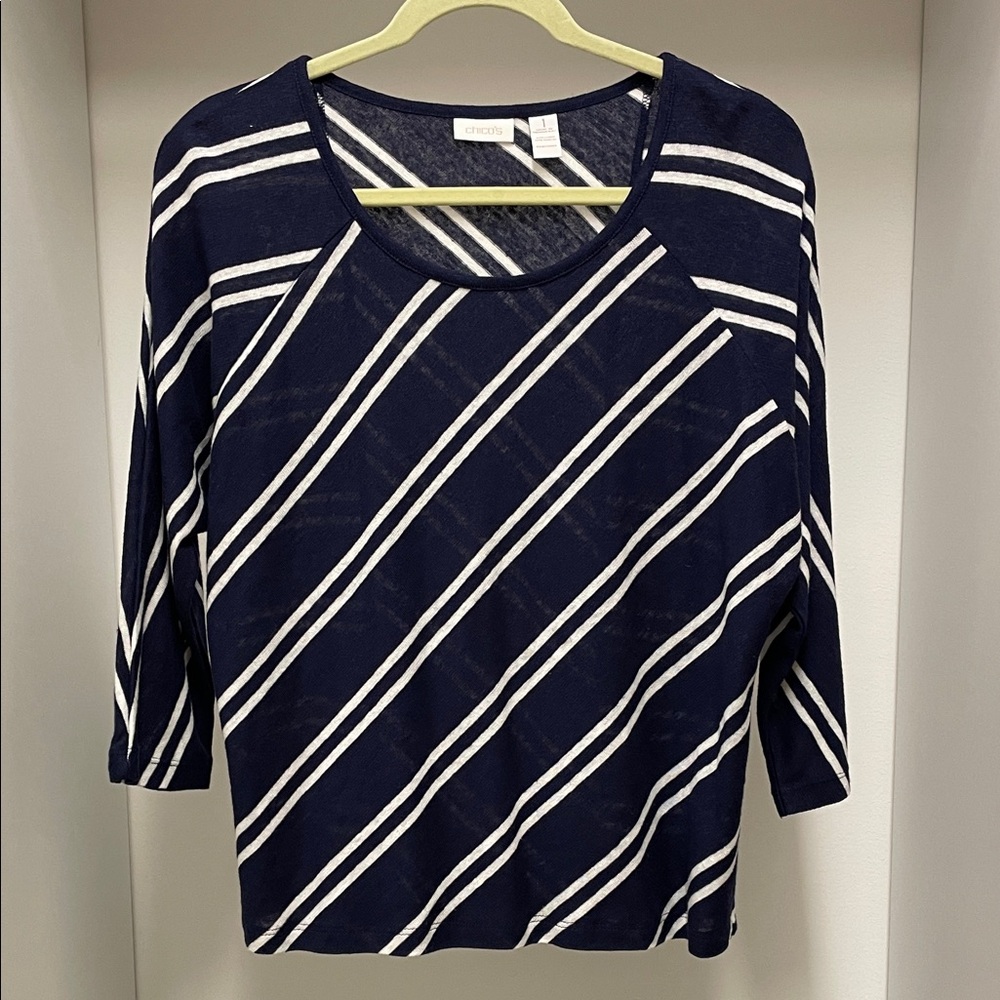 Chico's Navy and White Diagonal Stripe Top Linen Blend Size 1